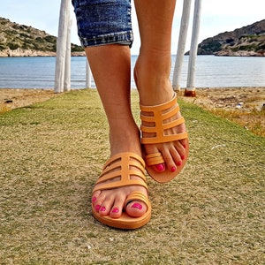 Ancient Greek Gladiator Sandals in Natural Brown Leather Color, Greek Sandals, Flat Sandals Women Handmade of Genuine Leather. image 1