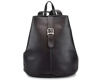 May include: A black leather backpack with a buckle closure. The backpack has a triangular shape and a top handle.