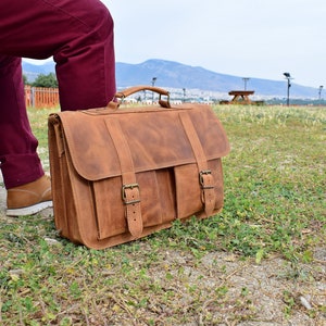 Sac Messenger en cuir ciré en cuir pleine fleur, porte-documents en cuir pour hommes 15 pouces sac pour ordinateur portable, sac messager d’affaires.