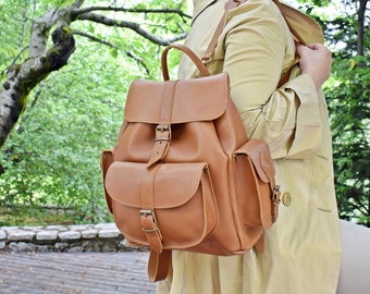 Mochila de cuero hecha a mano: mochila vintage resistente con hebillas