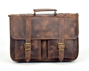 Leather Messenger Bag from Full Grain Leather / 15 inch Laptop Bag / Handmade Men's Briefcase.