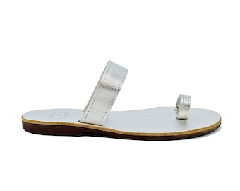 Silver Leather Toe Ring Sandals: Handmade Greek Style