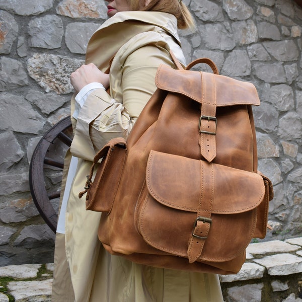 Men’s Leather Backpack, Extra Large Laptop Backpack, Handmade Waxed Leather Backpack.