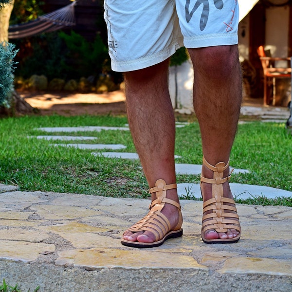 Roman Leather Sandal Men's Handmade Greek Gladiator Sandals from Calf Leather, Handmade Leather Sandals Flat Summer Shoes, Gift For Him.