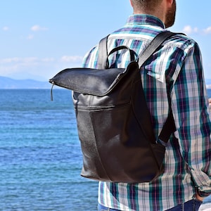Handmade Black Leather Roll Top Backpack: Large Cabin Bag