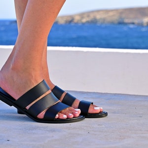 Black Leather Sandals Open Toe Flat Leather Slides for Women, Quality Shoes Handmade of Genuine Calf Leather with Soft Insoles.
