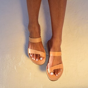 CYCLOPS EYE Leather Sandals - Calf Leather Summer Shoes Handmade in Greece, , Slip on Sandals Beach Sandals in Natural Leather Color.