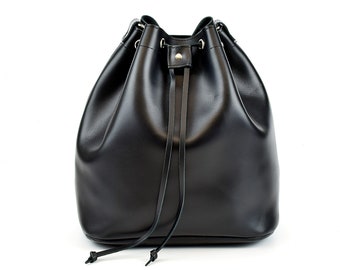 Black Leather Bucket Bag, Women's Shoulder Bag Handmade of FULL GRAIN Leather, Crossbody Women Bag.