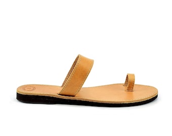 Sandalias de cuero con aro para el dedo del pie, griegas antiguas, hechas a mano, zapatos planos