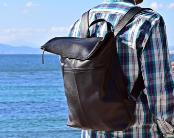 Handmade Black Leather Roll Top Backpack: Large Cabin Bag