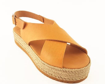 Summer Platform Shoes, Slingback Sandals Handmade in Greece of Calf Leather.