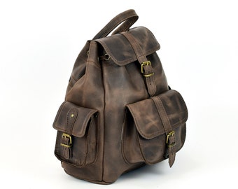 Waxed Brown Leather Backpack Handmade of Full Grain Leather, Medium Size Distressed Leather Rucksack - Available in 6 Colors!