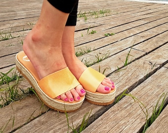 Handmade Leather Platform Sandals: Brown Espadrille Summer Shoes