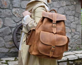 Men’s Leather Backpack, Extra Large Laptop Backpack, Handmade Waxed Leather Backpack.