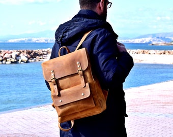 Waxed Leather Laptop Backpack: Full Grain Leather Rucksack
