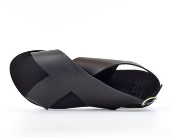 NEMESIS Sandals: Black Leather Sandals, Criss Cross Sandals, Slingback Flat Leather Sandals for Women, Handmade Greek Sandals.