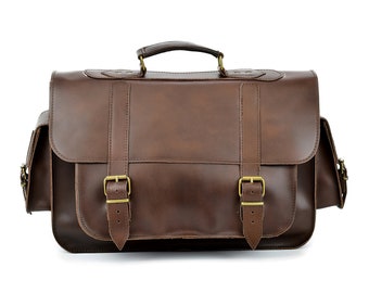 Handmade Full Grain Leather Messenger Bag: 15 inch Laptop Briefcase
