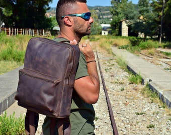 Waxed Leather Backpack Men's Laptop Rucksack Handmade of Full-Grain Distressed Leather