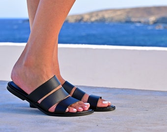 Black Leather Slides: Handmade Greek Open Toe Sandals