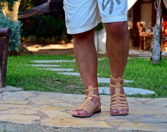 Romeinse lederen sandaal Heren handgemaakte Griekse gladiator sandalen van kalfsleer, handgemaakte lederen sandalen platte zomerschoenen, cadeau voor hem.