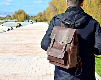 Waxed Brown Leather Rucksack: Handmade Full Grain 15" Laptop Backpack