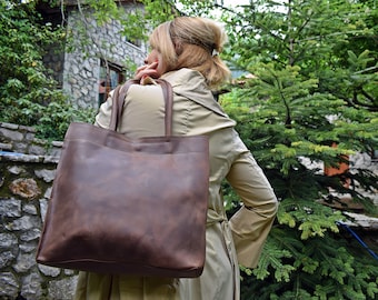 Leder Einkaufstasche - Handtasche für Frauen, Leder Tragetasche, Tragetasche aus VOLLMASERLEDER.