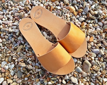 Slip on Leather Sandal Woman Handmade in Greece Calf Leather Slides Sandals, Flat Handmade Sandals.