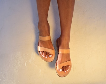 Handmade Leather Greek Sandals: Natural Calf Leather Slip-Ons