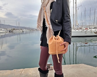 Small Bucket Bag from Full Grain Leather Handmade in Greece by LeatherStrata / Gift for her