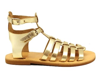 Gold Gladiator Sandals: High Leather Greek Handmade Summer Shoes