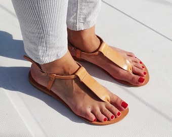 Flat Leather Sandals, Ankle Strap Leather Sandals - Handmade Greek Sandals.