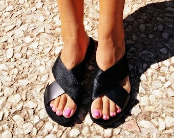Black Sandals, Greek Sandals Handmade of Genuine Black Leather & Pony Skin, Cross Sandals, Flat Leather Slides.