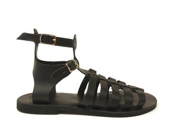 Sandalias de gladiador hechas a mano: Sandalias planas de piel de becerro, fabricadas en Grecia