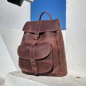 Waxed Brown Leather Backpack, Full Grain Leather Rucksack, Large Size Backpack. Handmade in Greece.