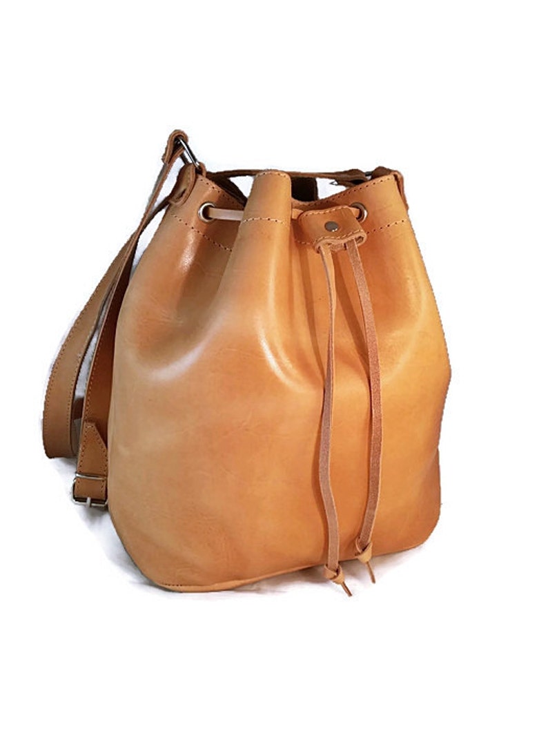 Leather Bucket Bag Leather Pouch with Drawstring. Leather Shoulder Bag, Bucket Bag Women. 100% Cow Leather Handmade in Greece. image 3