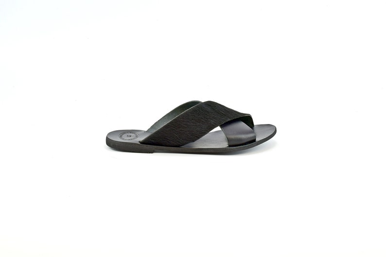 Black Sandals, Greek Sandals Handmade of Genuine Black Leather & Faux/Fake Pony Skin, Cross Sandals, Flat Leather Slides. image 6