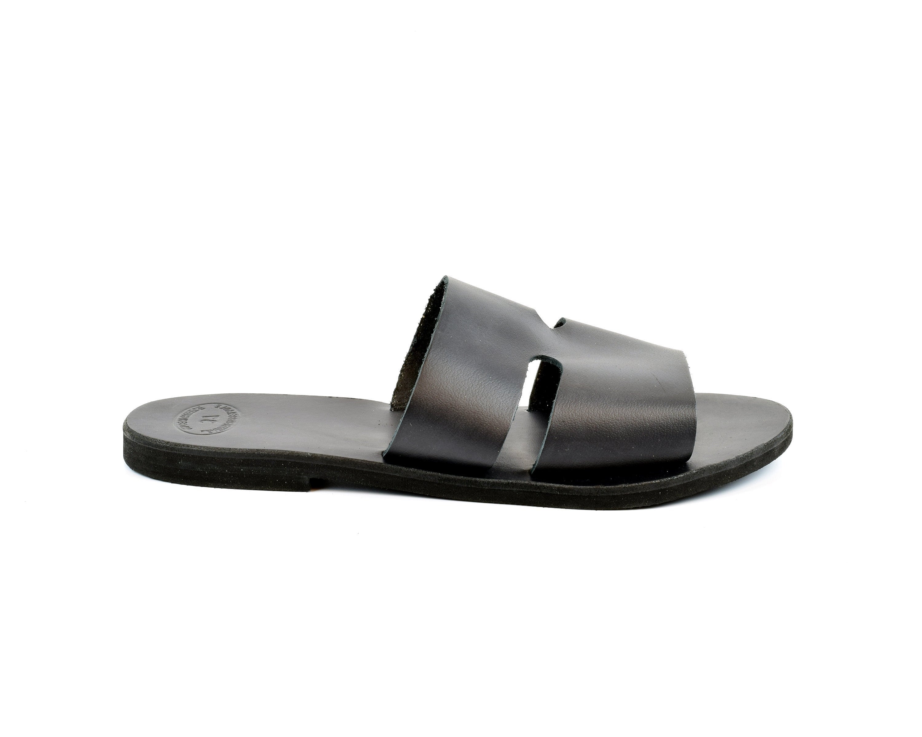 Black Leather Slip on Sandals for Women Flat Summer Shoes Etsy