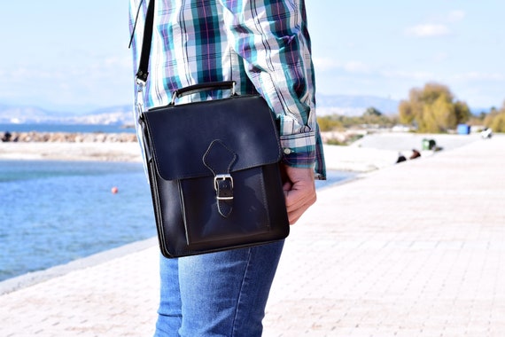 Vertical Messenger Bag for Men Handmade in Greece of Full Grain Leather Crossbody Tablet Bag Gift for Him. Etsy UK