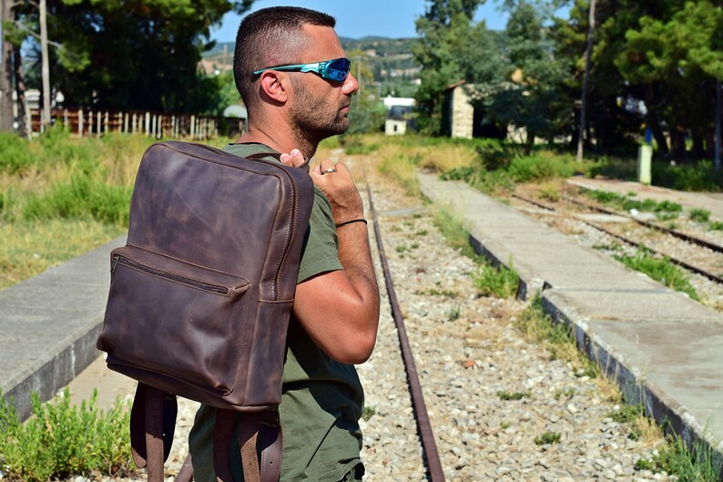 Waxed Leather Backpack, Handmade Leather Laptop Backpack Leather Rucksack for 15 inch Laptop, MacBook Backpack, School Bag, Travel Backpack. Waxed Dark Brown