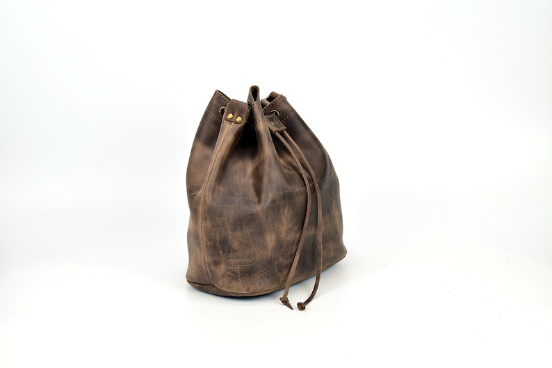 Leather Bucket Bag Leather Pouch with Drawstring. Leather Shoulder Bag, Bucket Bag Women. 100% Cow Leather Handmade in Greece. image 9