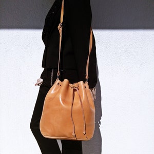 Leather Bucket Bag Leather Pouch with Drawstring. Leather Shoulder Bag, Bucket Bag Women. 100% Cow Leather Handmade in Greece. image 2