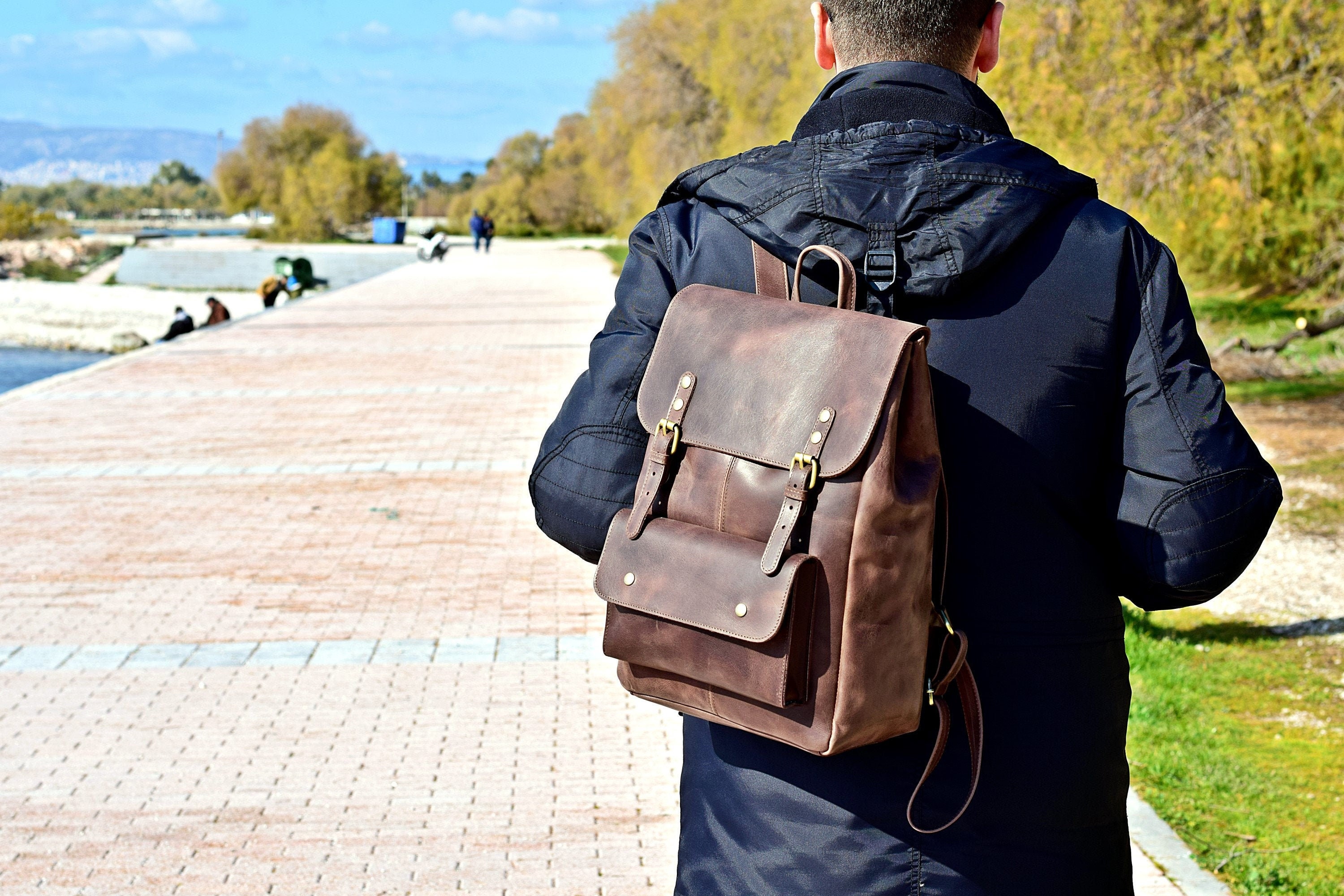 brown leather backpack