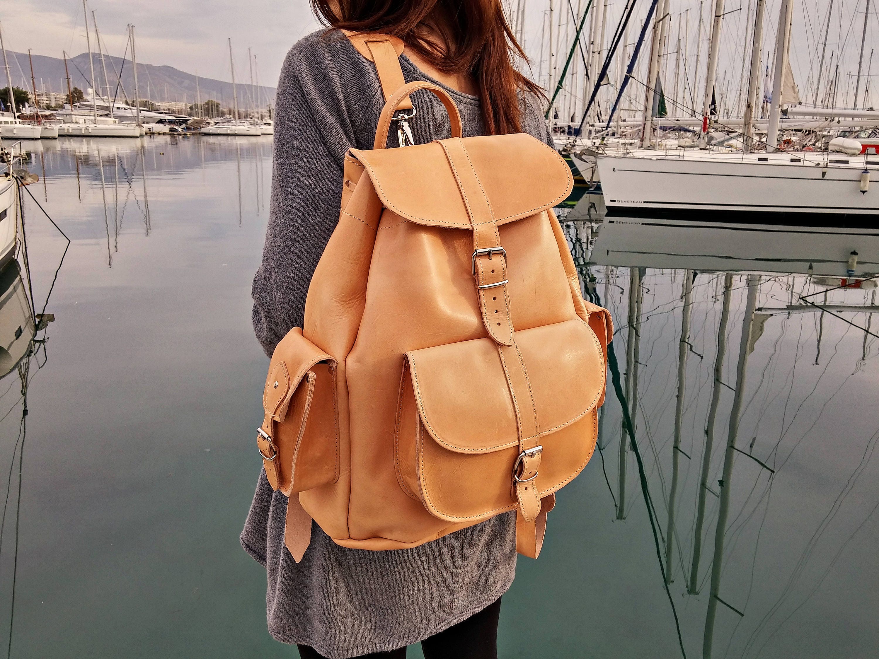Big leather backpack womens sales