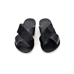 Black Sandals, Greek Sandals Handmade of Genuine Black Leather & Faux/Fake Pony Skin, Cross Sandals, Flat Leather Slides. image 4