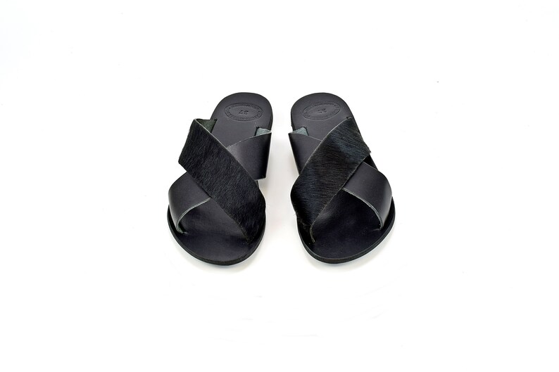 Black Sandals, Greek Sandals Handmade of Genuine Black Leather & Faux/Fake Pony Skin, Cross Sandals, Flat Leather Slides. image 4