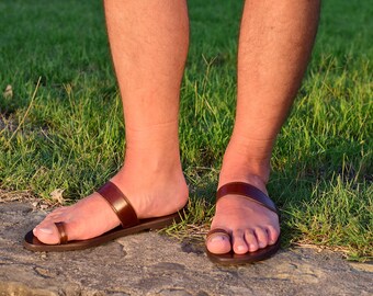 Brown Leather Toe Ring Sandals Mens Handmade Greek Gladiator Sandals