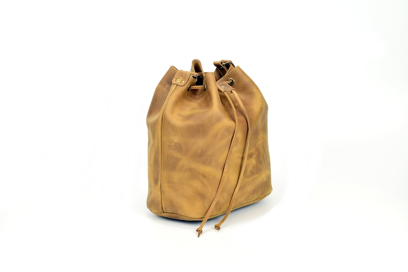 Leather Bucket Bag Leather Pouch with Drawstring. Leather Shoulder Bag, Bucket Bag Women. 100% Cow Leather Handmade in Greece. image 8