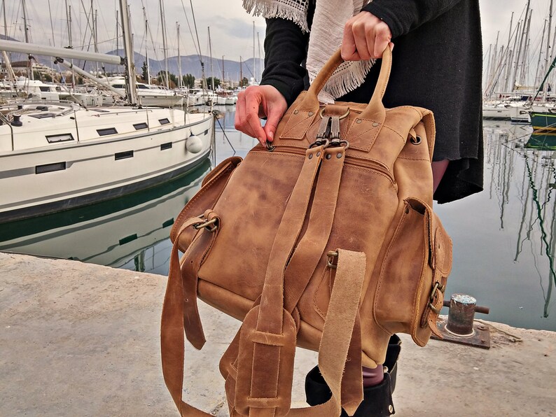 Waxed Leather Backpack Knapsack from Full Grain Leather, Handmade in Greece. LARGE size. image 3