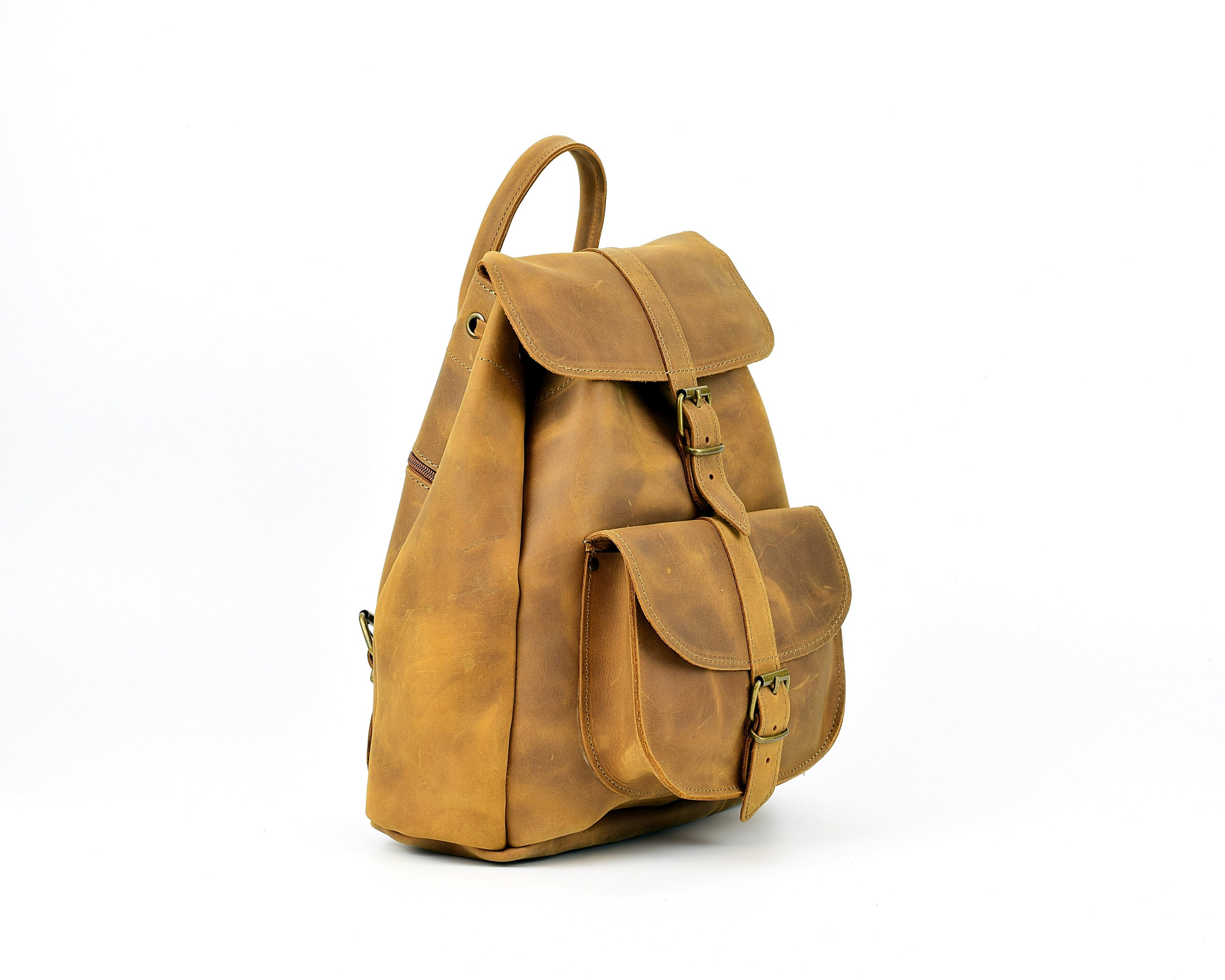 Distressed Waxed Brown Leather Backpack: Handmade Full Grain 