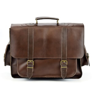 Full Grain Leather Messenger Bag for Men, 17 inch Laptop Bag, Professional Leather Briefcase 4 Available Colors. Dark Brown
